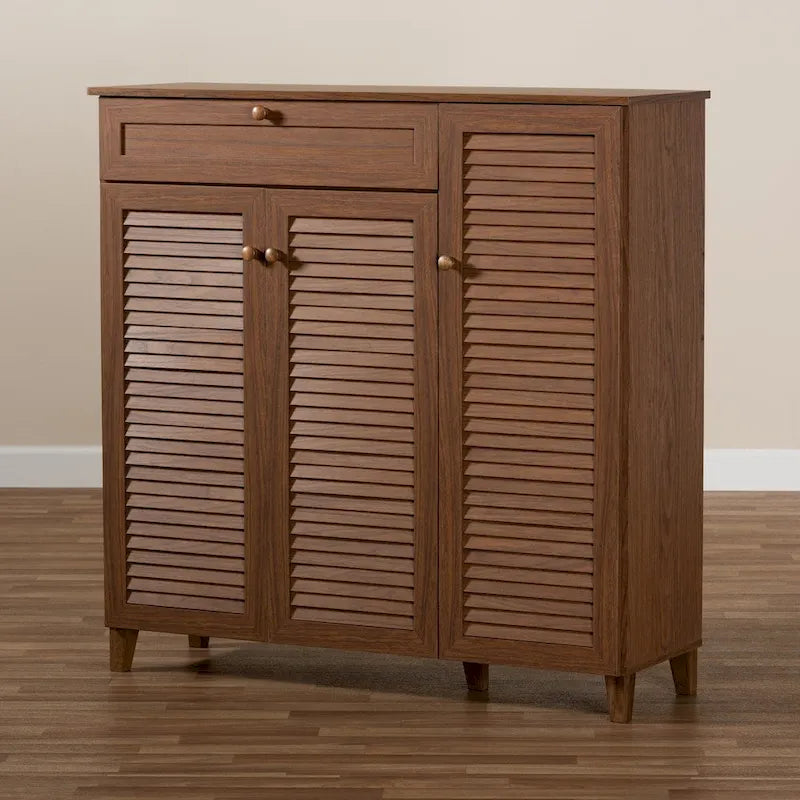 Baxton Studio Contemporary 11-shelf Wood Shoe Storage Cabinet with Drawer