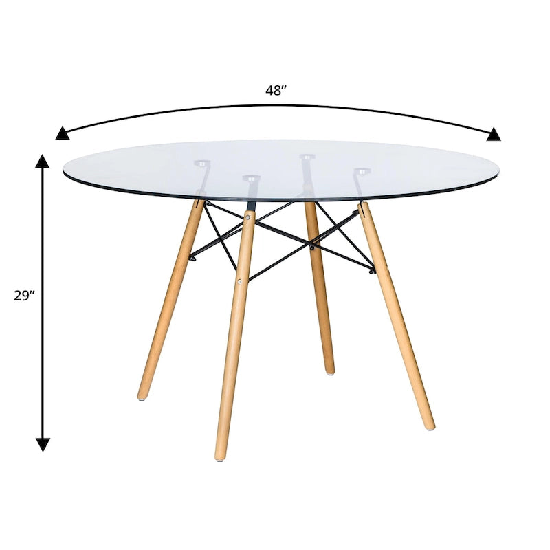 Dover 47 Modern Round Dining Table for 4 - Mid-Century Classic Table with Glass/Wood Tabletop for Home Living Room and Kitchen