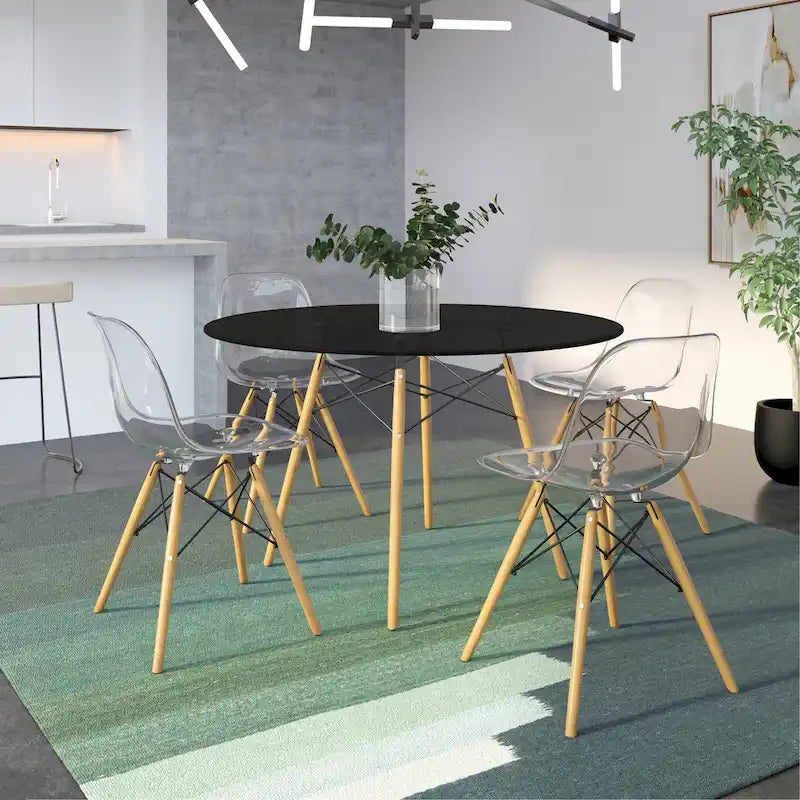 Dover 47 Modern Round Dining Table for 4 - Mid-Century Classic Table with Glass/Wood Tabletop for Home Living Room and Kitchen