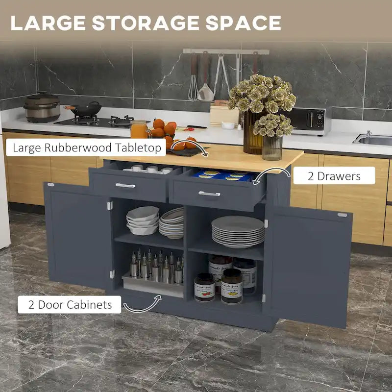 HOMCOM Rolling Kitchen Island with Drop Leaf Wood Breakfast Bar, Farmhouse Kitchen Cart with 2 Drawers, Dark Gray
