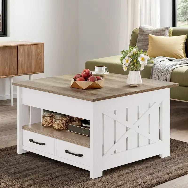 Moasis Farmhouse Square Lift Top Coffee Table with Storage Shelf and 2 Drawers