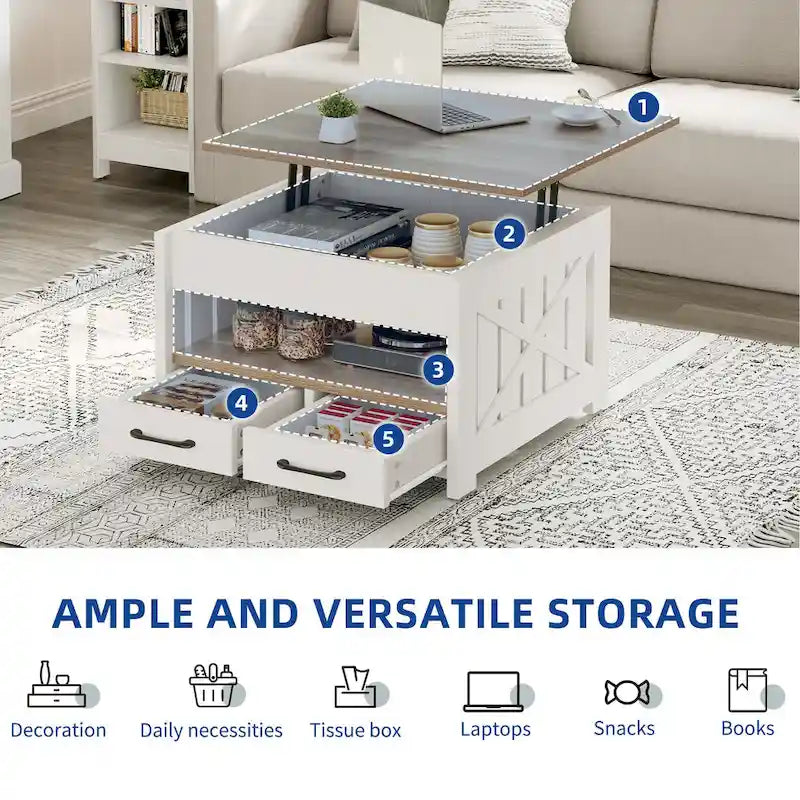 Moasis Farmhouse Square Lift Top Coffee Table with Storage Shelf and 2 Drawers