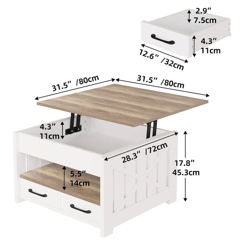 Moasis Farmhouse Square Lift Top Coffee Table with Storage Shelf and 2 Drawers