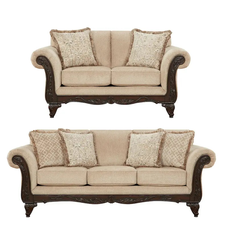 Roundhill Furniture Hernen 2-Piece Carved Wood Frame Living Room Set
