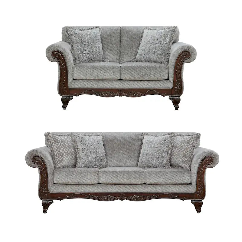 Roundhill Furniture Hernen 2-Piece Carved Wood Frame Living Room Set