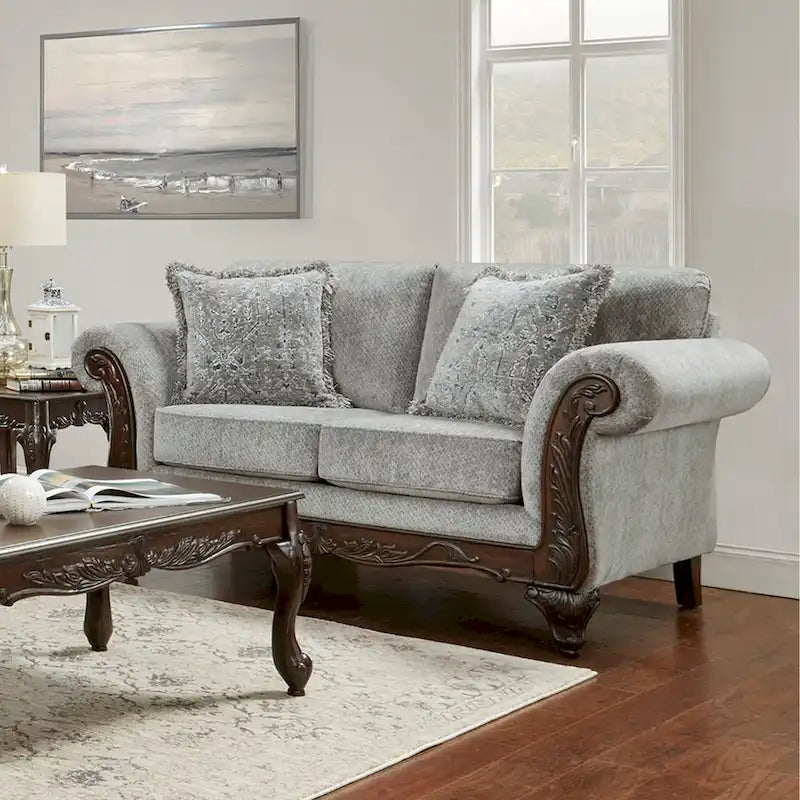 Roundhill Furniture Hernen 2-Piece Carved Wood Frame Living Room Set