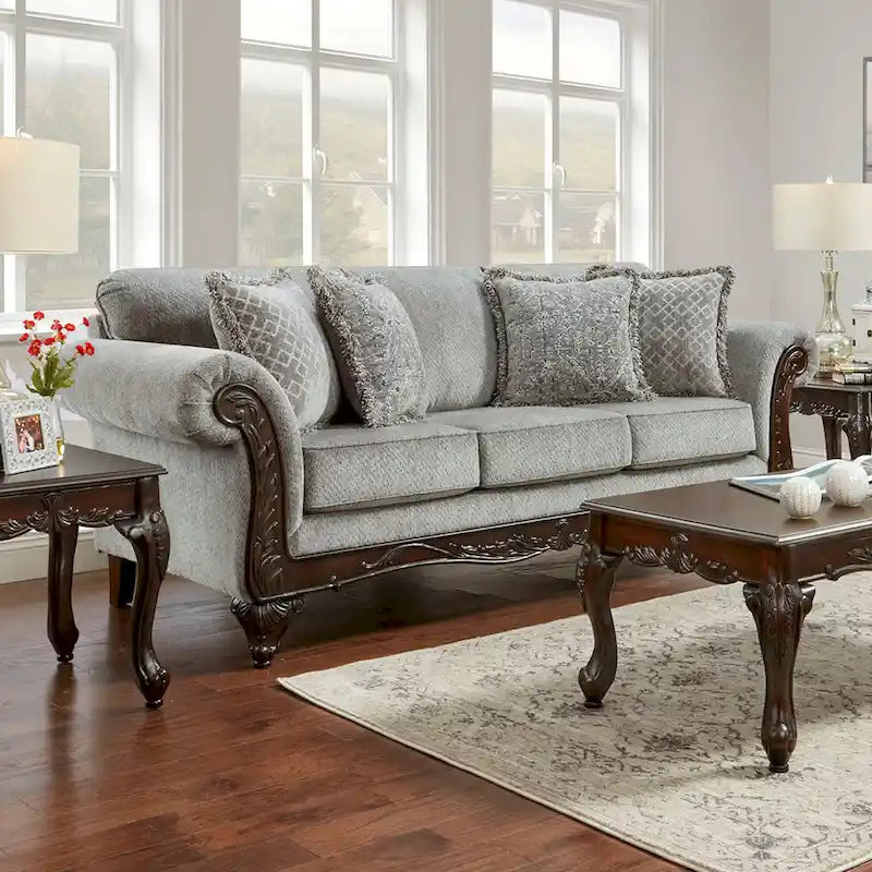 Roundhill Furniture Hernen 2-Piece Carved Wood Frame Living Room Set
