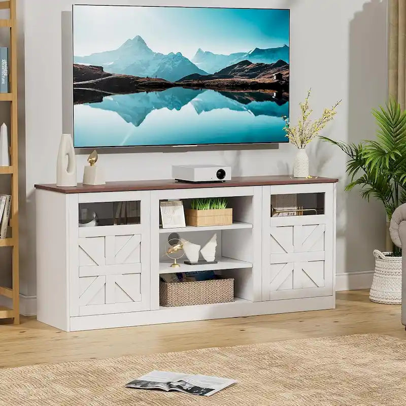 TV Stand with Double Barn Doors Storage Cabinets