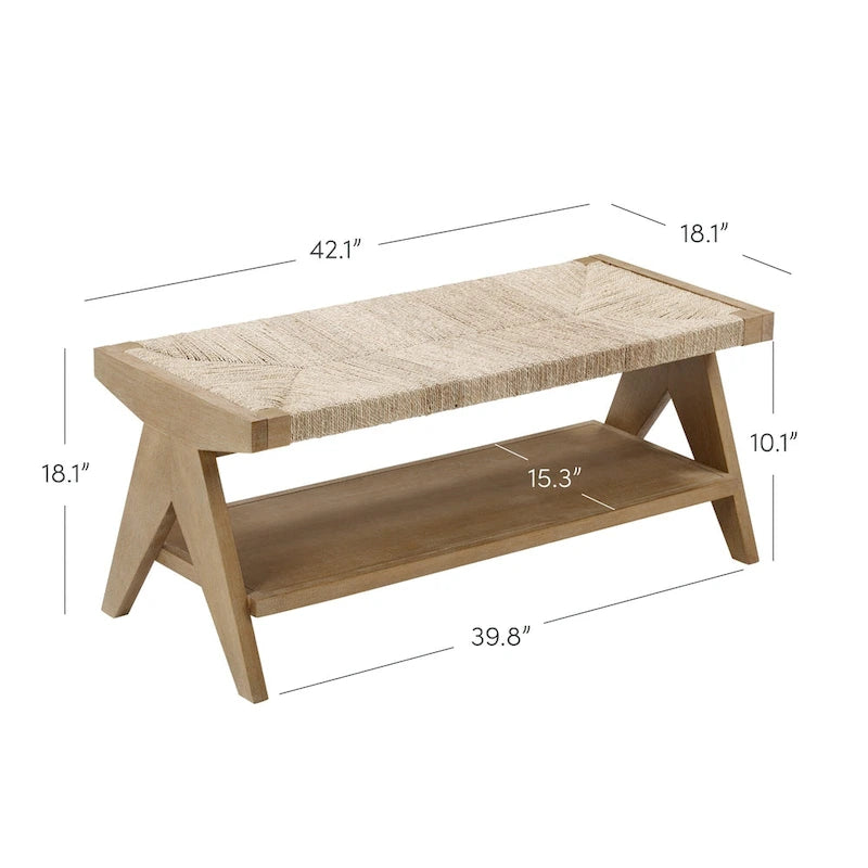 Beacon Bohemian Bench Seat with Shoe Storage, Seagrass Entryway or End of Bed Bench with Solid Wood Frame