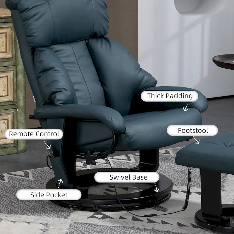 HOMCOM Massage Recliner Chair with Ottoman, 360 Swivel Recliner and Footstool, PU Leather Reclining Chair, Gray