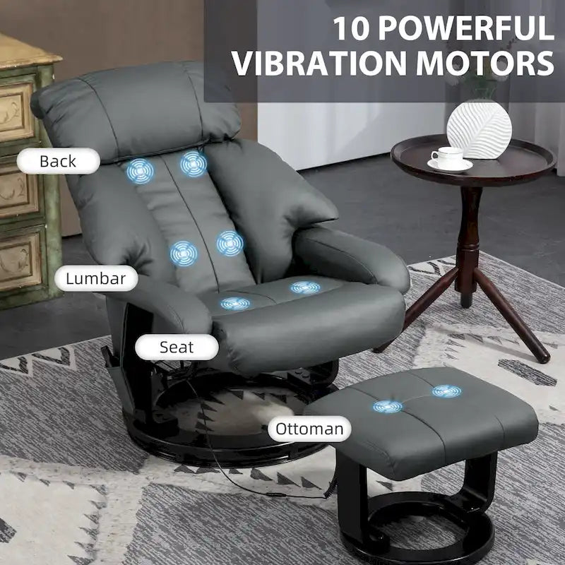 HOMCOM Massage Recliner Chair with Ottoman, 360 Swivel Recliner and Footstool, PU Leather Reclining Chair, Gray
