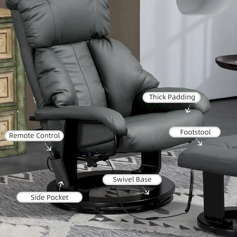 HOMCOM Massage Recliner Chair with Ottoman, 360 Swivel Recliner and Footstool, PU Leather Reclining Chair, Gray