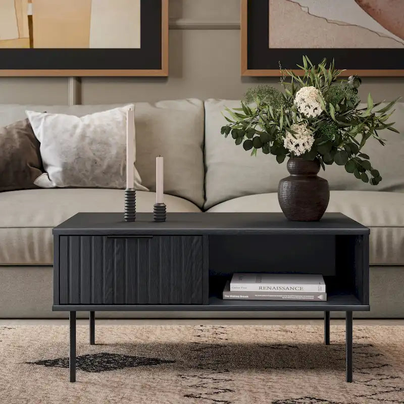 Black Fluted Coffee Table - Metal Legs with Drawer