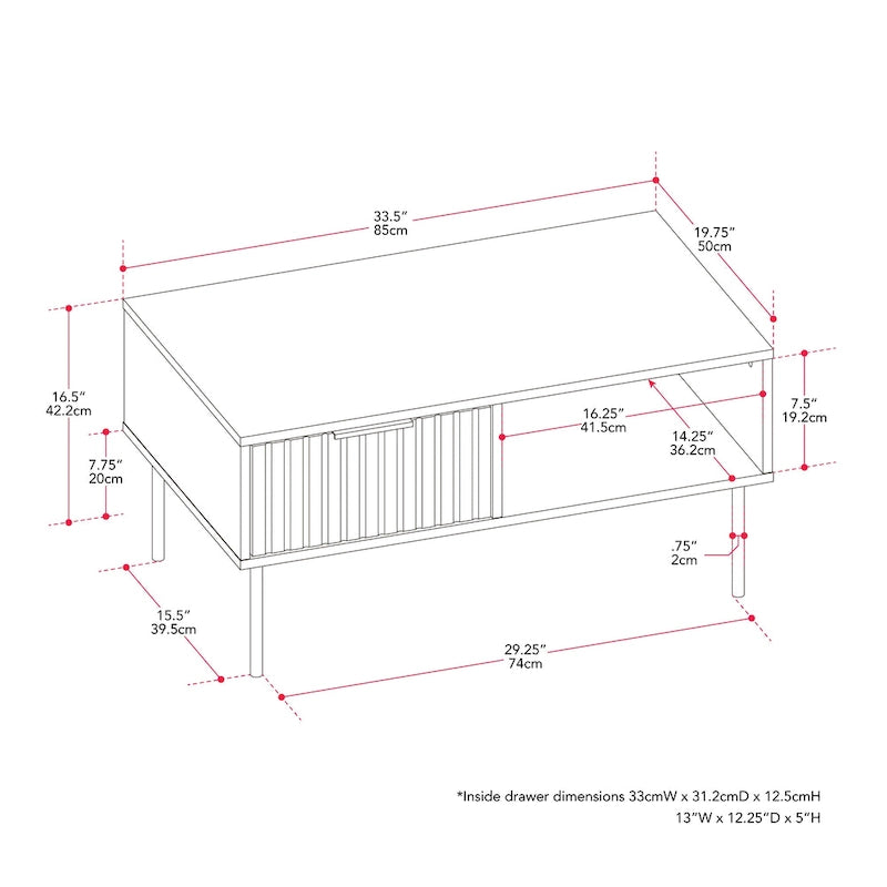 Black Fluted Coffee Table - Metal Legs with Drawer