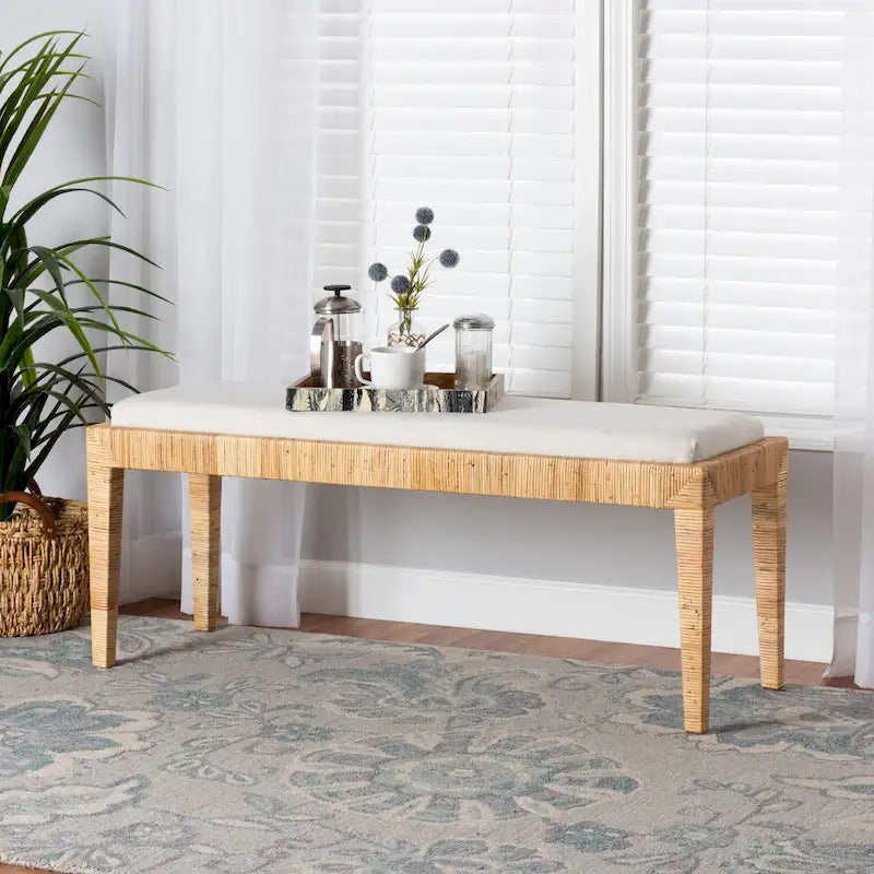 Sofia Modern Bohemian Natural Brown Rattan and Mahogany Wood Bench
