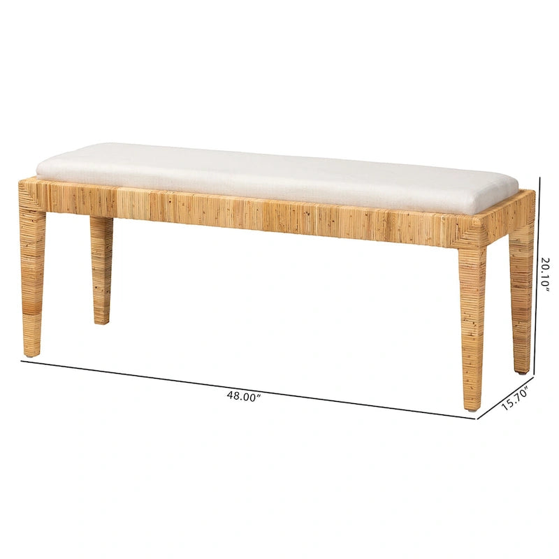 Sofia Modern Bohemian Natural Brown Rattan and Mahogany Wood Bench