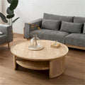 JASIWAY 2-Tiered Round Wood Coffee Table with Rattan Base