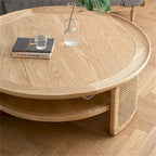 JASIWAY 2-Tiered Round Wood Coffee Table with Rattan Base