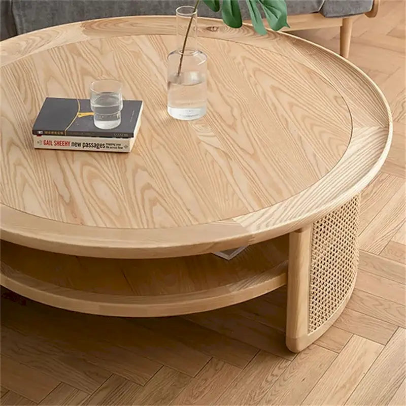 JASIWAY 2-Tiered Round Wood Coffee Table with Rattan Base