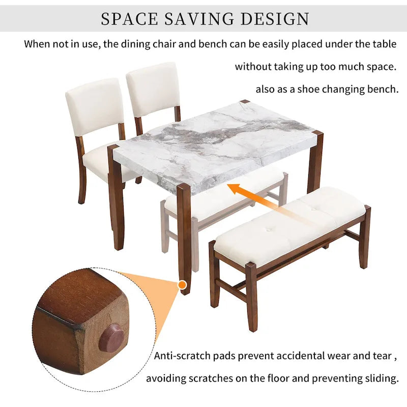 4-Piece Dining Table Set with 2 Upholstered Chairs and Bench