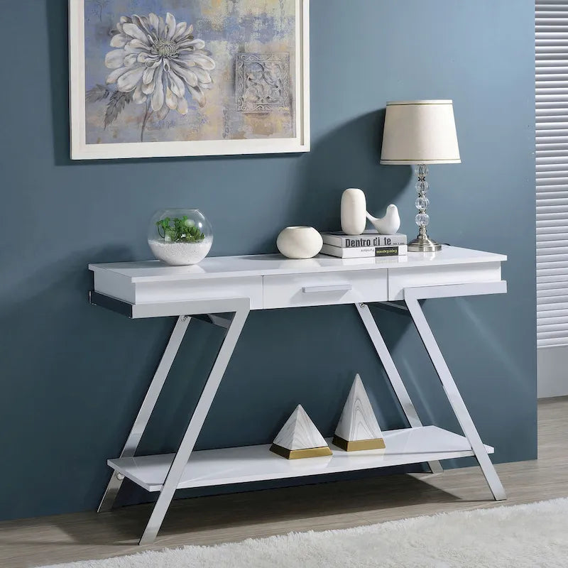 Cas Modern White 48-inch Steel 1-Drawer Sofa Table with Shelf by Furniture of America