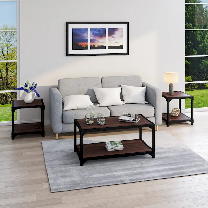 Davee 3 Pieces Wood and Metal Coffee Table Set with Shelf - 40x20x18 & 20x20x20 &20x20x20
