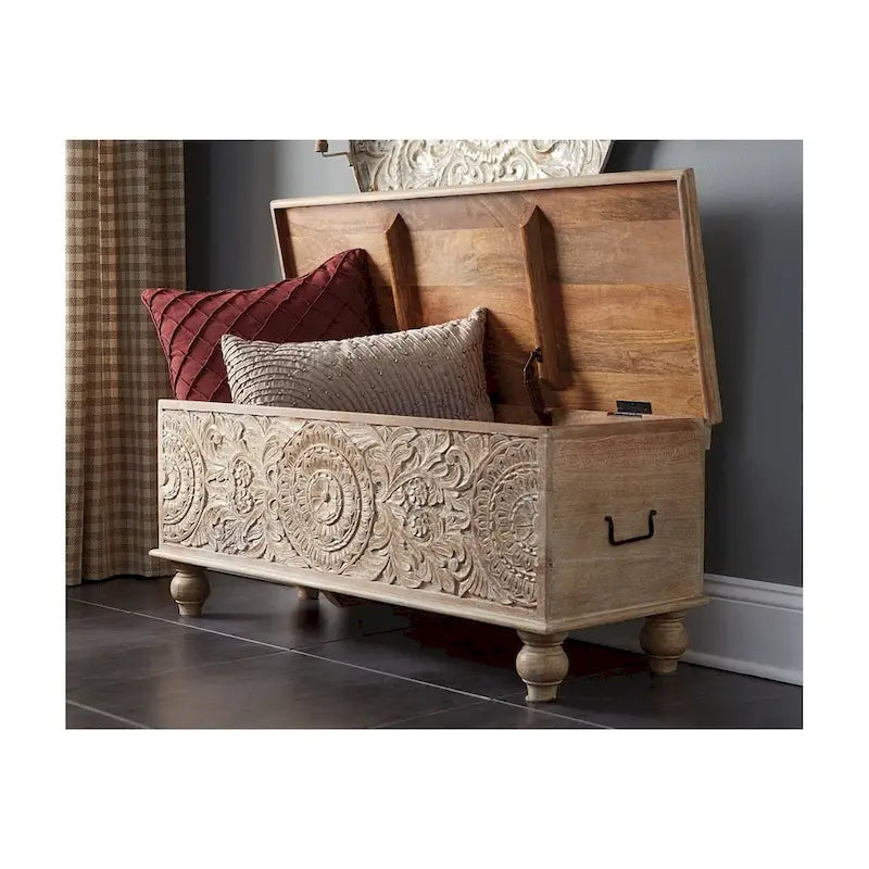 Fossil Ridge Antique White Carved Medallion Storage Bench