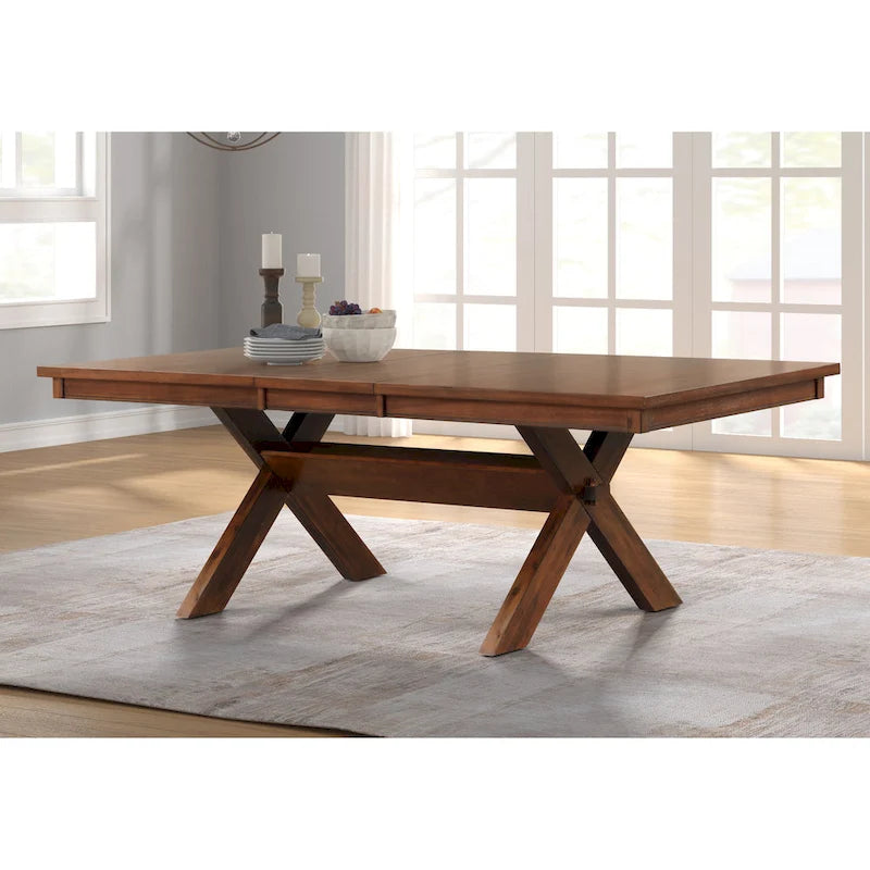 Roundhill Furniture Karven Wood 9-Piece Dining Set, Extendable Trestle Dining Table with 8 Chairs, Dark Hazelnut