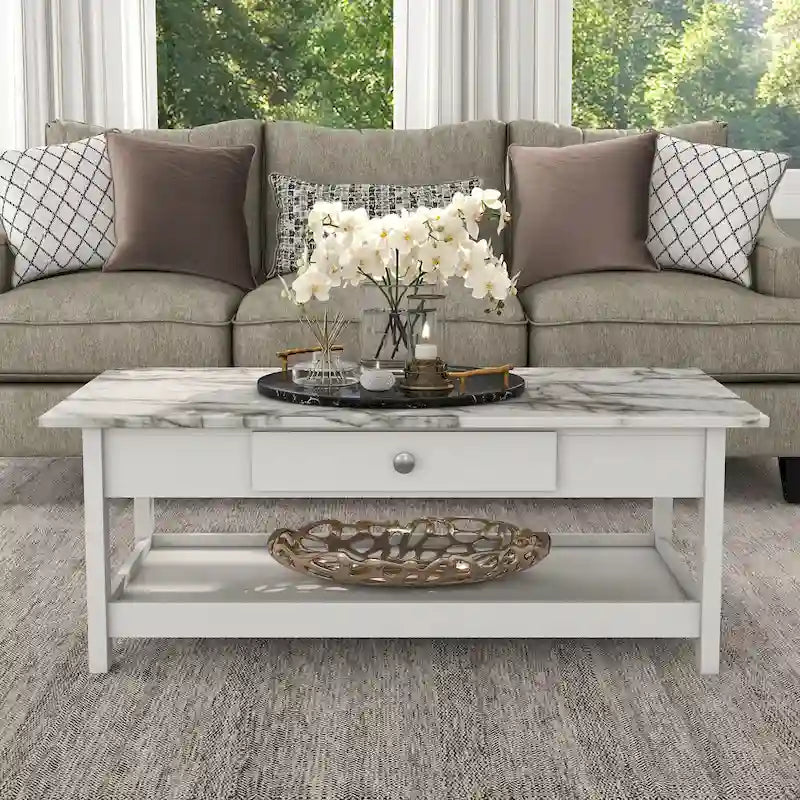 DH BASIC Transitional Rubberwood 3-Piece Open-Shelf Coffee Table and End Table Set with Drawer by Denhour