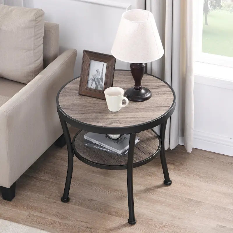 Myhozm Rustic Round End Table with Storage, Industrial Side Table for Living Room