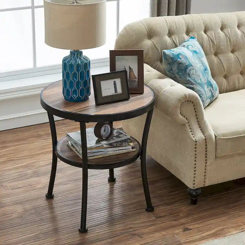 Myhozm Rustic Round End Table with Storage, Industrial Side Table for Living Room