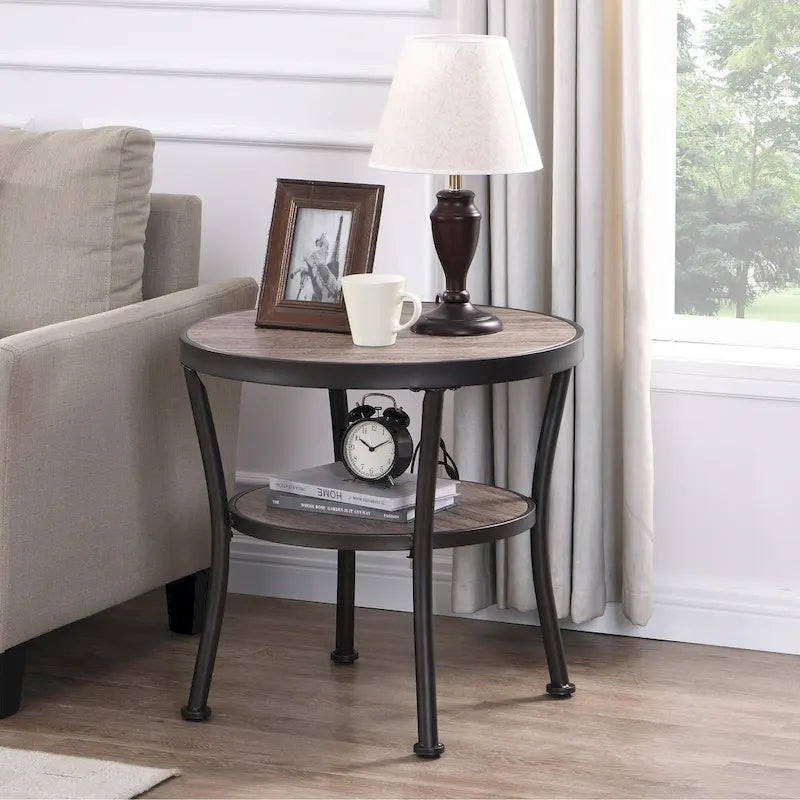Myhozm Rustic Round End Table with Storage, Industrial Side Table for Living Room