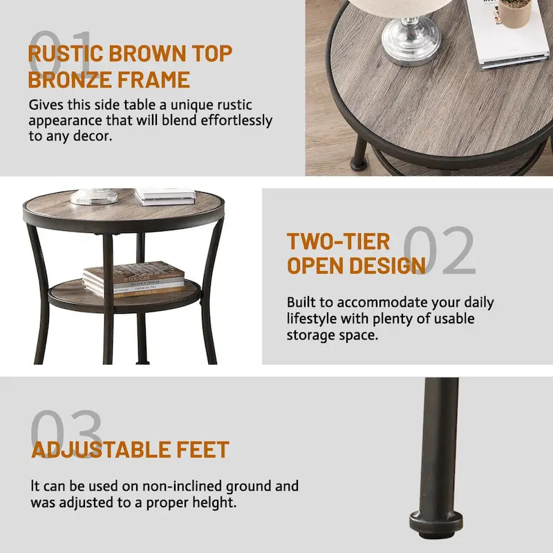 Myhozm Rustic Round End Table with Storage, Industrial Side Table for Living Room
