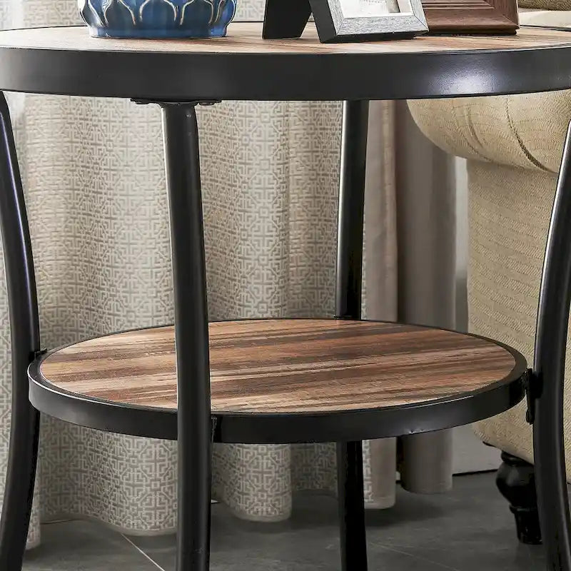 Myhozm Rustic Round End Table with Storage, Industrial Side Table for Living Room