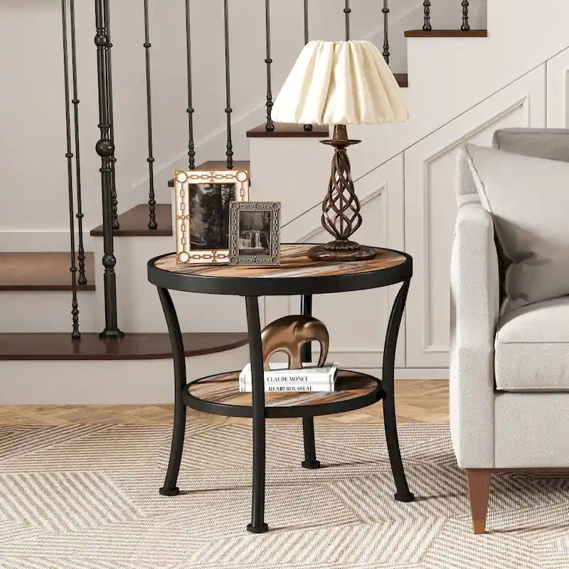 Myhozm Rustic Round End Table with Storage, Industrial Side Table for Living Room