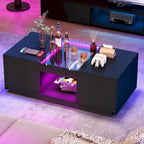 Modern Wood Coffee Table with Storage Drawers and LED Lighting