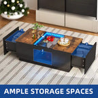 Modern Wood Coffee Table with Storage Drawers and LED Lighting