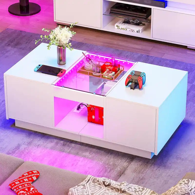 Modern Wood Coffee Table with Storage Drawers and LED Lighting