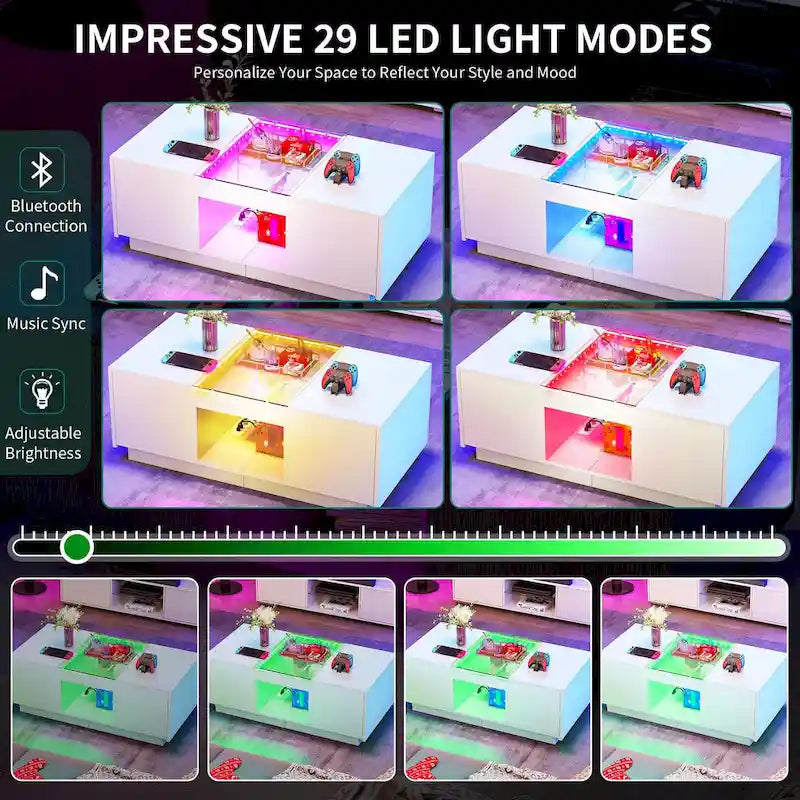 Modern Wood Coffee Table with Storage Drawers and LED Lighting