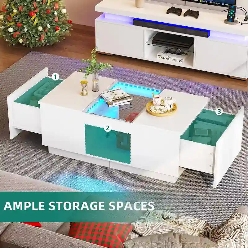 Modern Wood Coffee Table with Storage Drawers and LED Lighting