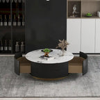 Modern Drum Coffee Table with Oak Veneer, Sintered Stone Coffee Table with 2 Solid Wood Drawers