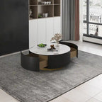 Modern Drum Coffee Table with Oak Veneer, Sintered Stone Coffee Table with 2 Solid Wood Drawers