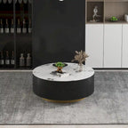 Modern Drum Coffee Table with Oak Veneer, Sintered Stone Coffee Table with 2 Solid Wood Drawers