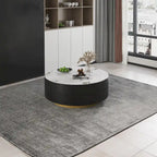 Modern Drum Coffee Table with Oak Veneer, Sintered Stone Coffee Table with 2 Solid Wood Drawers