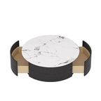 Modern Drum Coffee Table with Oak Veneer, Sintered Stone Coffee Table with 2 Solid Wood Drawers