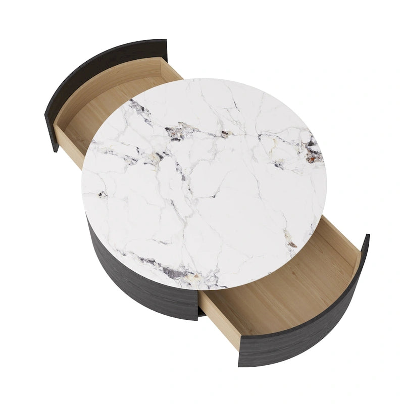 Modern Drum Coffee Table with Oak Veneer, Sintered Stone Coffee Table with 2 Solid Wood Drawers