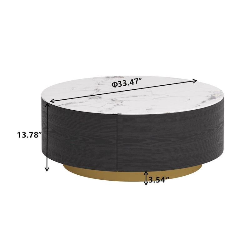 Modern Drum Coffee Table with Oak Veneer, Sintered Stone Coffee Table with 2 Solid Wood Drawers
