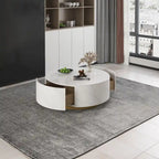 Modern Drum Coffee Table with Oak Veneer, Sintered Stone Coffee Table with 2 Solid Wood Drawers