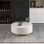 Modern Drum Coffee Table with Oak Veneer, Sintered Stone Coffee Table with 2 Solid Wood Drawers