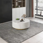Modern Drum Coffee Table with Oak Veneer, Sintered Stone Coffee Table with 2 Solid Wood Drawers